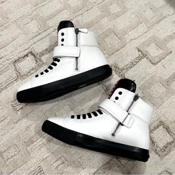 NIB Authentic Prada Nappa Sports Laceup High Top Leather Sneakers White 38 - Picture 4 of 11